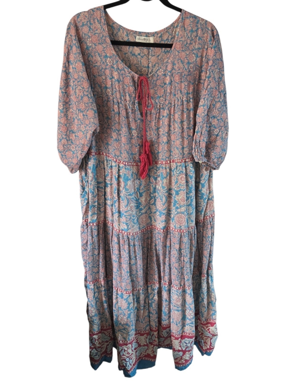 NATURAL LIFE | Floral Block Print Tiered Cotton Tassel Long Maxi Dress | L - Picture 2 of 11